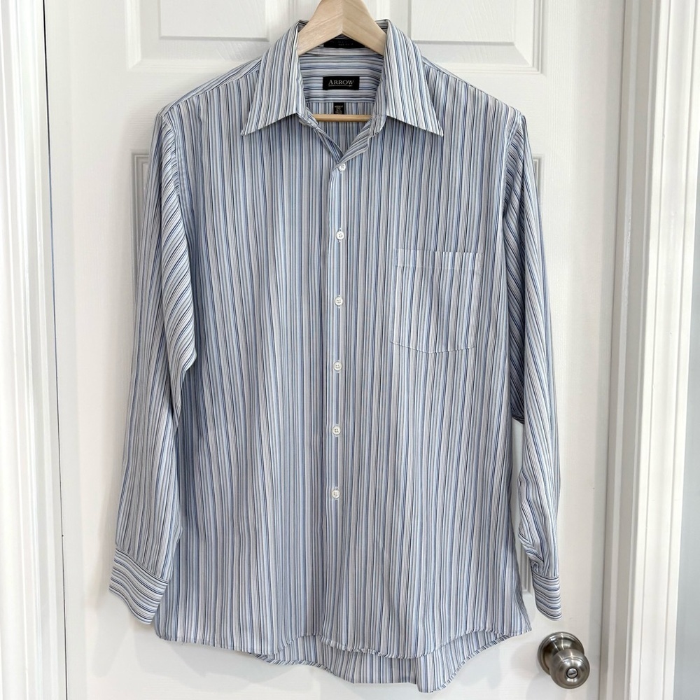 Arrow Vertical Stripe Button Up Wrinkle Free  Dress Shirt Men Sz L  16 .5 34/35